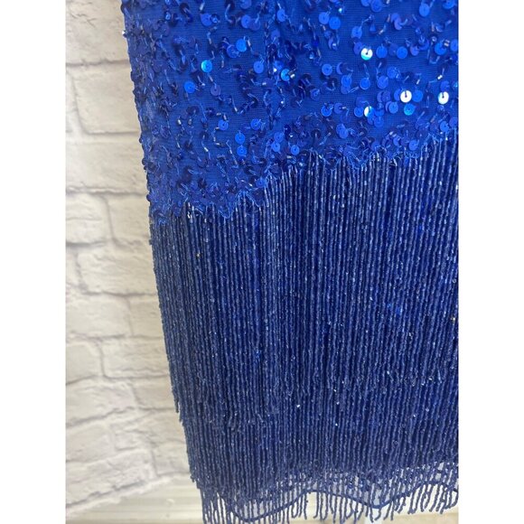 Mac Duggal Sequined Mini Dress NEW Cobalt Blue One Shoulder Fringe Hem Size 6 - Picture 6 of 13